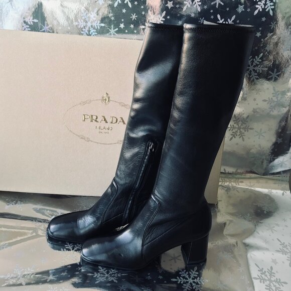 NEW Prada Women heeled leather Boots Black   Size 38.5 Made in Italy  New w Box - Picture 4 of 16
